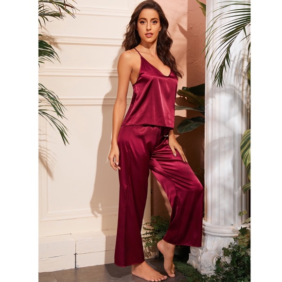 Burgundy Satin Pajama Set: Cami Top and Pants - Picture 3 of 8